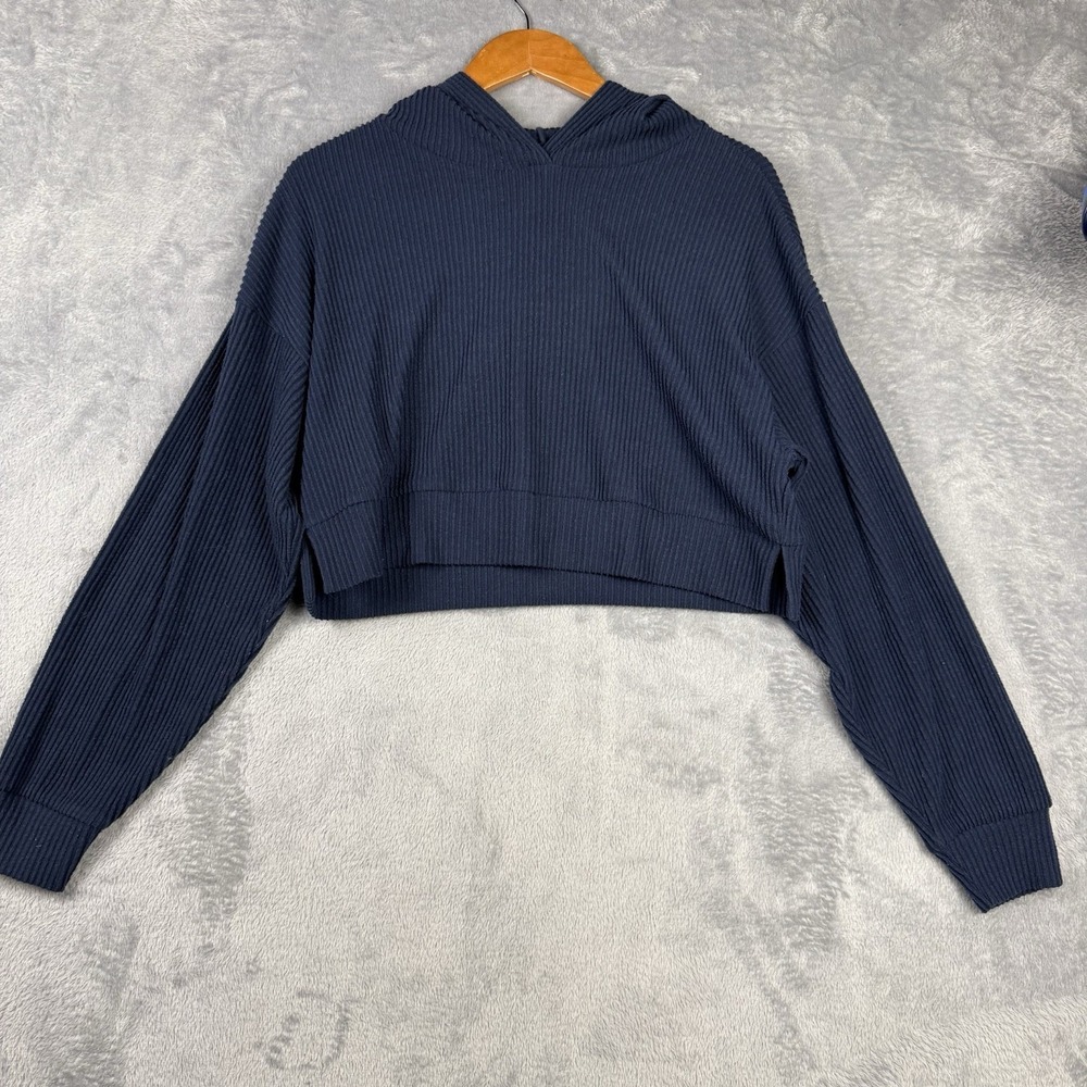 ALO Yoga Muse Hoodie Ribbed Knit Sz XS Long Sleeve Athletic Comfy Oversized Blue